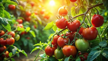 Obraz premium Lush Green Leaves and Ripe Red Tomatoes in a Summer Garden