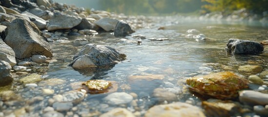 Obraz premium Clear stream flows over smooth rocks and pebbles.