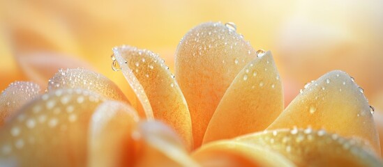 Close-up of dew drops on soft orange flower petals.