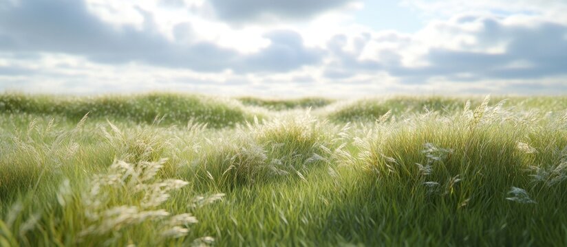Sunny day, rolling green grass field under a cloudy sky.