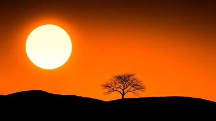 Obraz premium Solitary Tree Silhouette at Sunset Over Hills