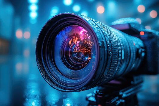 Close-up of a professional camera lens with bokeh background. - Powered by Adobe
