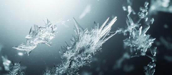 Intricate ice crystals, frozen water, sharp edges, winter wonderland.