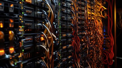 Close-up of server rack with numerous cables and lights.