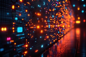 Abstract digital data wall glowing with vibrant orange and blue lights. Futuristic technology concept.