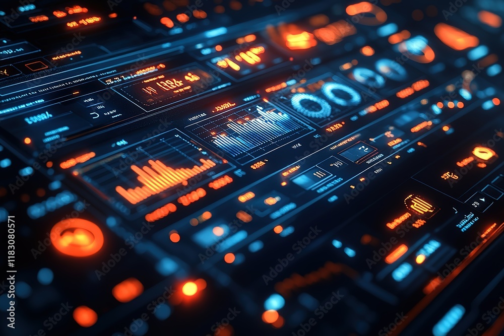 Poster futuristic digital interface with glowing graphs and data displays.