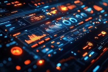 Futuristic digital interface with glowing graphs and data displays.