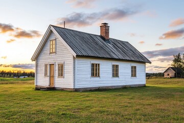 A charming historic white wooden house featuring a distinctive sloped roof stands elegantly against the backdrop of a breathtaking sunset, nestled in a rural area surrounded by lush green grass