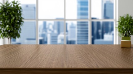 Fototapeta premium Wide Shot Photo: Modern Wooden Table Mockup, Brightly Lit Cityscape Background. AI Generated