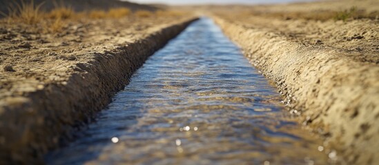 Irrigation ditch with flowing water in arid landscape.