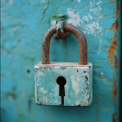 Rusty padlock on teal textured surface.