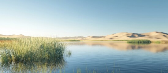 Obraz premium Serene desert lake with reeds reflecting the dunes under a clear sky.