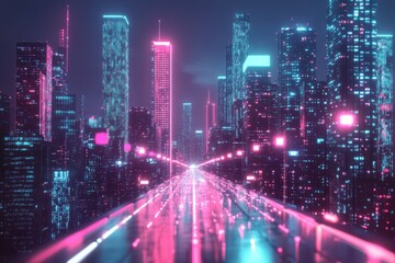 Fototapeta premium Neon-lit cityscape at night, vibrant pink and blue hues. Ideal for futuristic, cyberpunk, or technology themes.