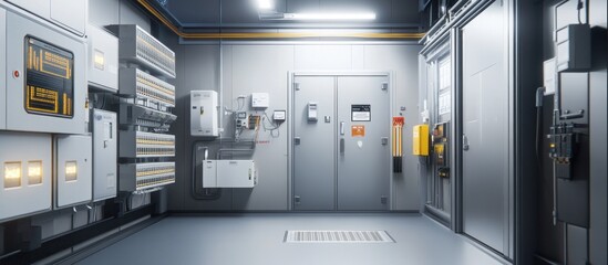 Modern industrial room with electrical panels, control boxes, and a large metal door.