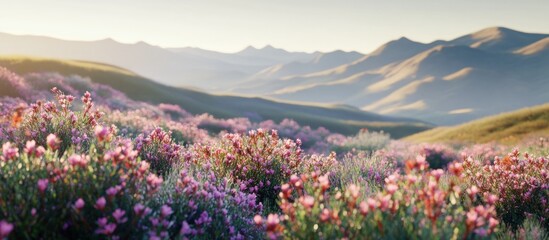 Obraz premium Vibrant wildflowers bloom across a picturesque mountain valley at sunrise.
