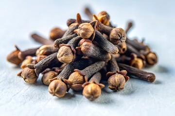 Obraz premium A close-up shot of dried cloves, the aromatic flower buds of the clove tree, piled together on a white background.
