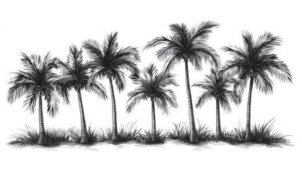 row of coconut trees in the park, simple line drawing style, black and white illustration