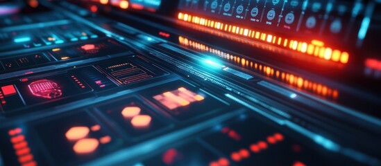 Obraz premium Futuristic digital interface with glowing panels and data streams.