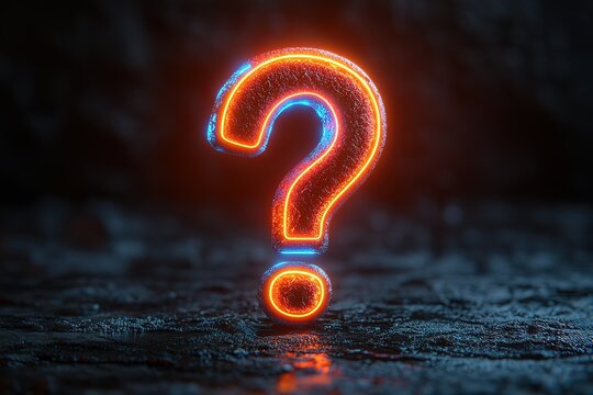 Glowing question mark on dark surface. Enigma, mystery, inquiry concept.