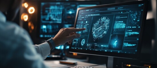 Fototapeta premium Person interacts with a computer displaying a 3D brain model and other data.