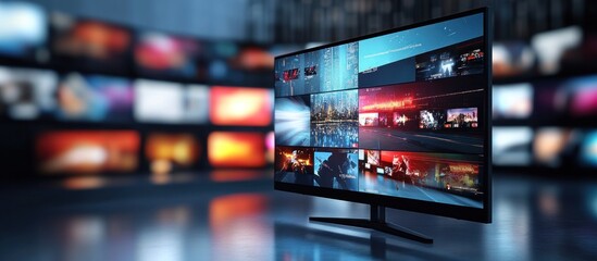 Modern monitor displaying multiple video streams against a blurred background of screens.