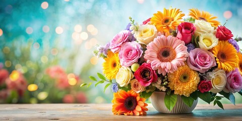 Fototapeta premium Vibrant floral arrangement in a white vase, showcasing gerbera daisies, roses, and other colorful blooms on a wooden surface with a bokeh background.