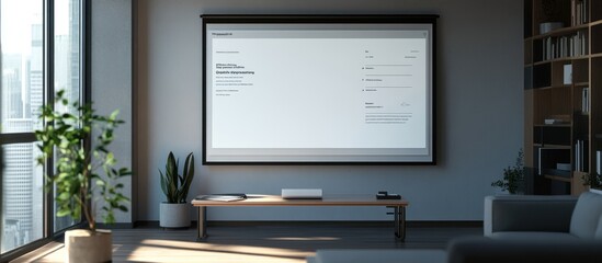 Modern living room with projector screen displaying document, plants, and wooden coffee table.