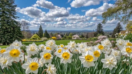 Spring Blooms and Cityscape View from a Garden