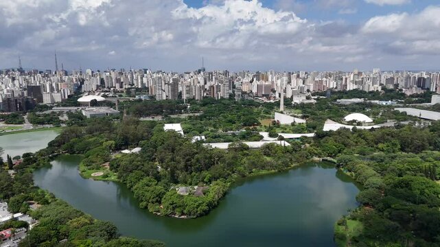 Aerial video above Parque Ibirapuera Sao Paulo on a sunny day