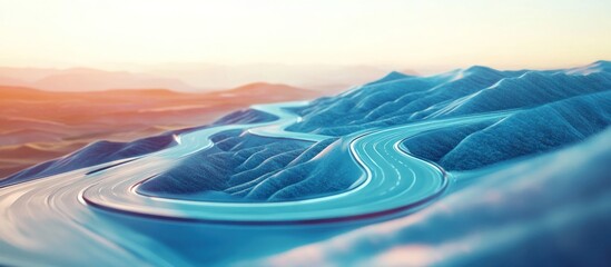 Serpentine road winding through surreal, icy blue mountains at sunset.