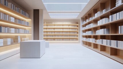 Modern minimalist library interior with wooden bookshelves, bright lighting, and white floor.