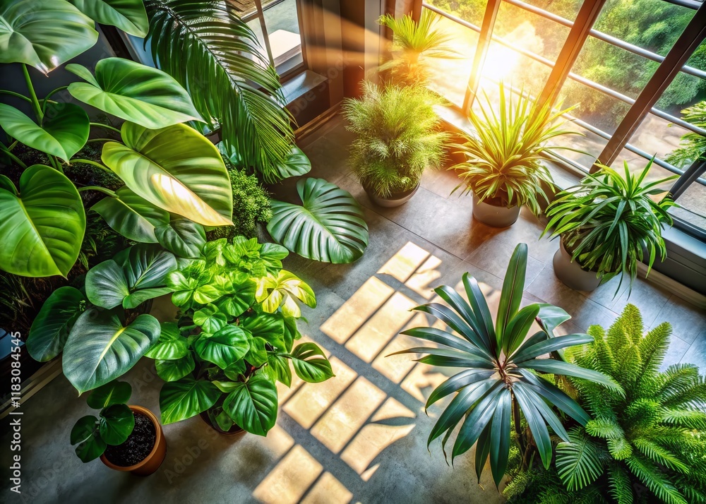 Wall mural Lush Tropical Indoor Plants in Dappled Sunlight - Drone View