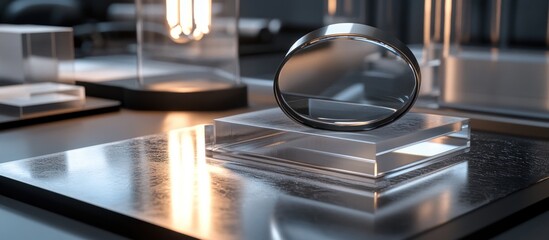 Fototapeta premium Glass lens on a transparent acrylic square, on a reflective surface with a warm light source.