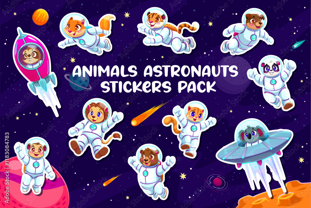 Poster cartoon animal astronauts stickers pack of funny spaceman in galaxy space, vector personages. cartoo