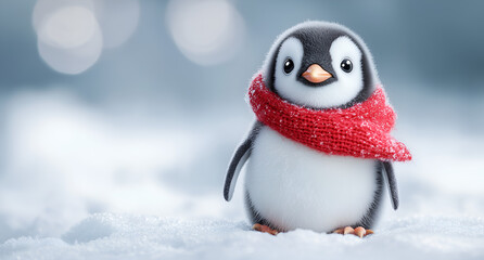 Fototapeta premium Cute little penguin wearing a red scarf, standing on ice. 