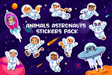 Cartoon animal astronauts stickers pack of funny spaceman in galaxy space, vector personages. Cartoon zoo animals in spacesuits, koala in alien UFO or monkey on galaxy planet with sloth in rocket © Vector Tradition