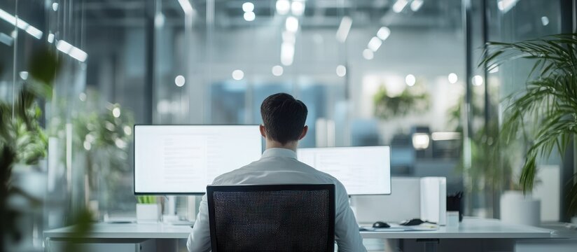 Rear view of a man working at his desk in a modern office. - Powered by Adobe