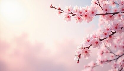 Obraz premium Delicate pink cherry blossoms blooming in soft sunlight.