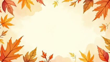Fototapeta premium Colorful autumn leaves frame a soft beige background, celebrating the fall season.
