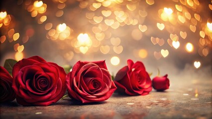 Romantic Red Roses with Heart-Shaped Bokeh Lights Background