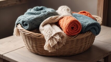 Obraz premium Rolled-up knitted scarves inside wicker basket