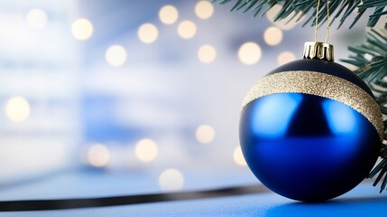 Fototapeta premium Close-up Photo: Deep Blue Christmas Ornament Gleaming Gently Amongst Festive Lights. AI Generated