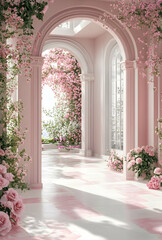 Fototapeta premium Enchanted Pink Rose Garden Archway: A Serene Escape