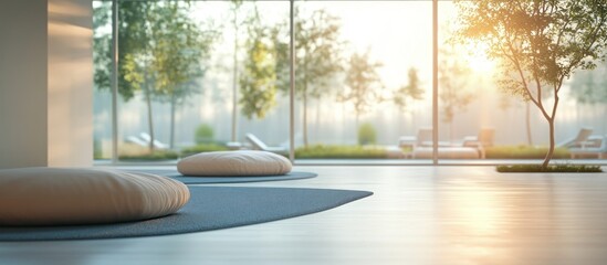 Serene sunrise view from modern room with floor cushions.