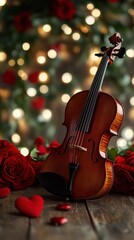Elegant violin with beautiful red roses and soft twinkling lights in the background creating a romantic and festive atmosphere for a classical music performance or holiday decor