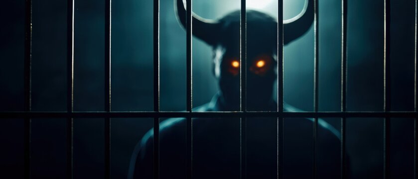 A shadowy figure with horns and glowing eyes looms behind bars, creating an eerie and suspenseful atmosphere.