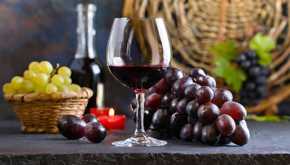 Fototapeta premium 赤ワイン。赤ワインとワイングラス。背景は葡萄のイメージ。Red wine. Red wine and a wine glass. The background is an image of grapes.