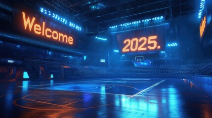 Futuristic Basketball Arena 2025 Neon Lights Welcome Sign Digital Court
