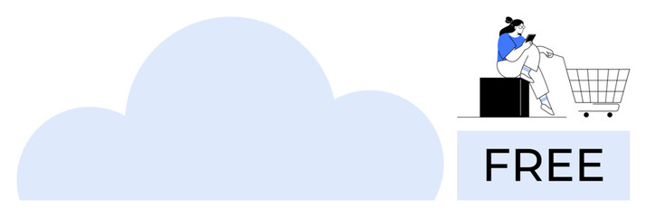 Person seated on a block beside an empty shopping cart, large cloud in background. Ideal for concepts such as cloud storage, free services, online shopping, relaxation, simplicity, minimalism, modern