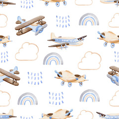Pattern Seamless illustration with Blue Aircrafts, Watercolor seamless background for Kids. Cute Print for childish textile design or wallpaper © titaporn